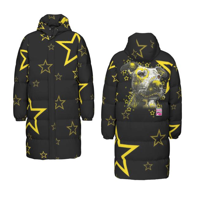 Warme Wintermantel mit Hundemotiv Motte1– Popart Hundemotiv, 90% Daunen, 10% Federn, bunt, stylisch, AmStaff, Staff, Staffordshire, Pitbull, Pit, Soka, Größe XS- 4XL